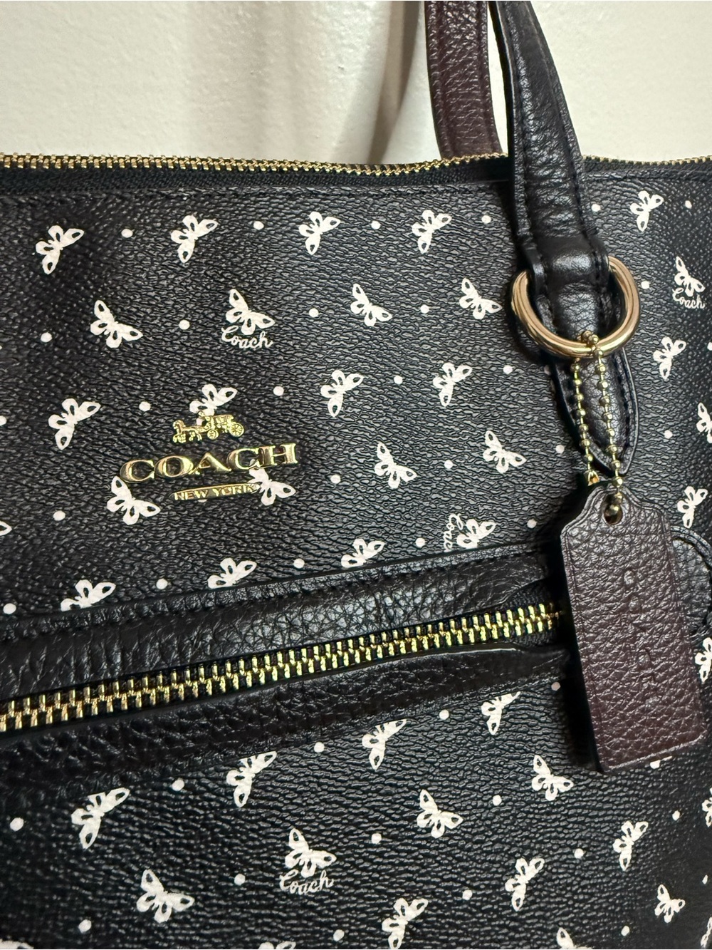 COACH Black Butterfly Print Leather Tote Bag large - Picture 4 of 13